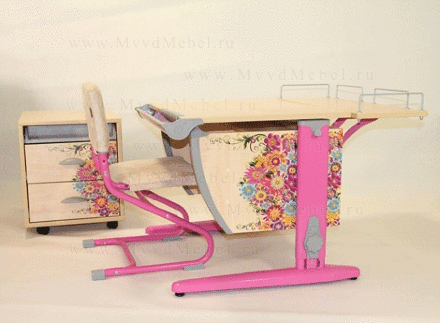 Школьная парта трансформер СУТ-14-01Р с рисунком цветы (столешница с приставкой 75*88 см цвет клён, опоры розовые)
