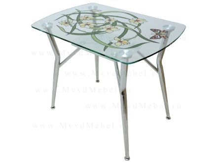 Прямоугольный обеденный стол КАМЕЛИЯ-1/111 прозрачное стекло с витражным рисунком (GT-AD)