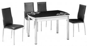 Обеденная группа: стол В-М12 чёрное стекло с рисунком и 4 (четыре) стула С-S320 чёрная искуственная кожа